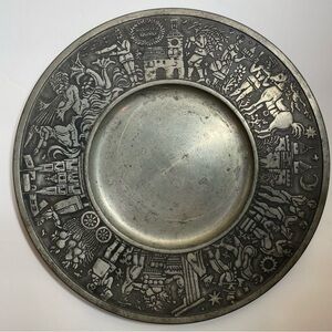 Pewter Etched Decorative Plate Fairytale Story Telling  Marked E.W. Regensburg